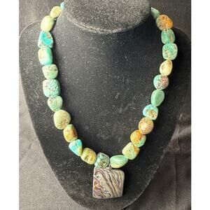 VTG Native American Style necklace turquoise and abalone pendant toggle closure